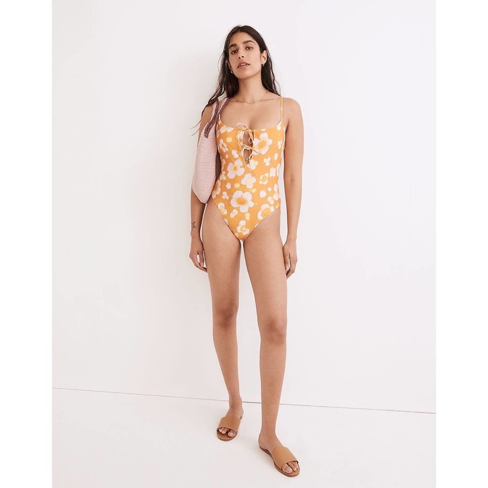 Madewell Second Wave Tie-Front One-Piece Swimsuit in Watercolor Floral Small NWT